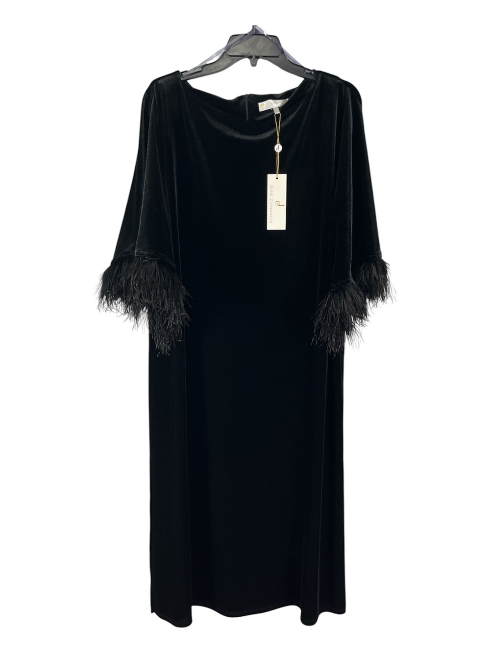 NWT Jude Connally Franca Black Stretch Velvet Feather Cuff Dress L $288